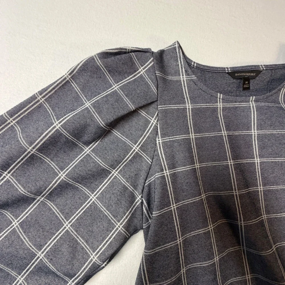 Banana Republic Windowpane Plaid‎ Puff Sleeve Knit Top Navy Womens M